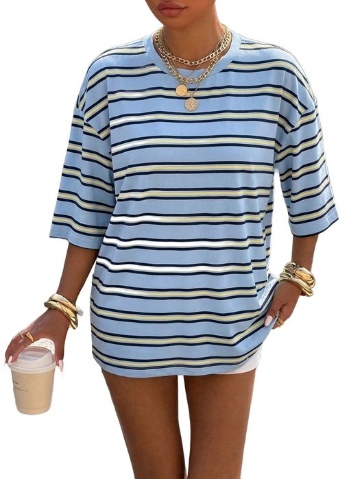 Shein luźny t shirt damski w paski niebiesko żółto czarny s 1ma