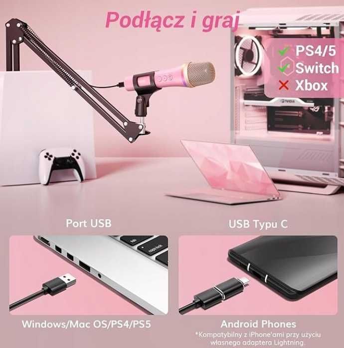 Tonor Mikrofon Dynamiczny USB Typ C RGB Różowy do Gier Podcast Karaoke