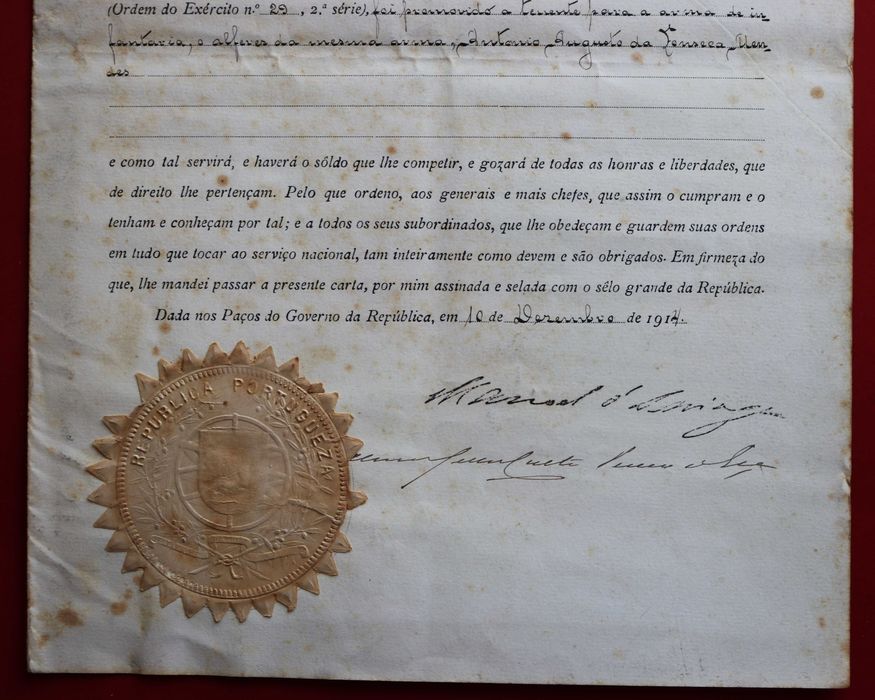 Presidente Manuel de Arriga, 1914, carta patente militar com chancela ...