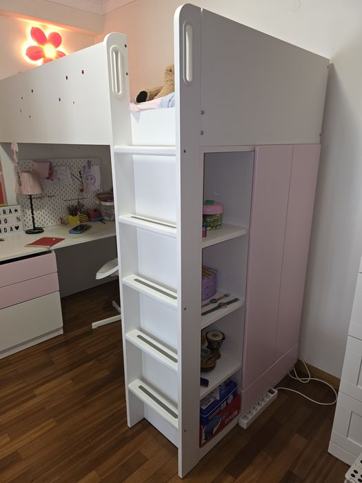 Cama alta / beliche + Colchão - IKEA SMASTAD - com secretária e armári