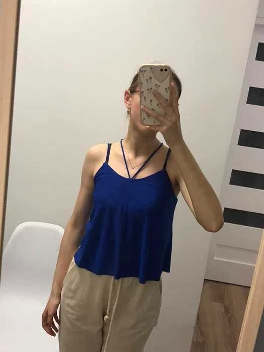 Granatowy top na ramiączkach na krzyż | damski crop top, letni, plecy