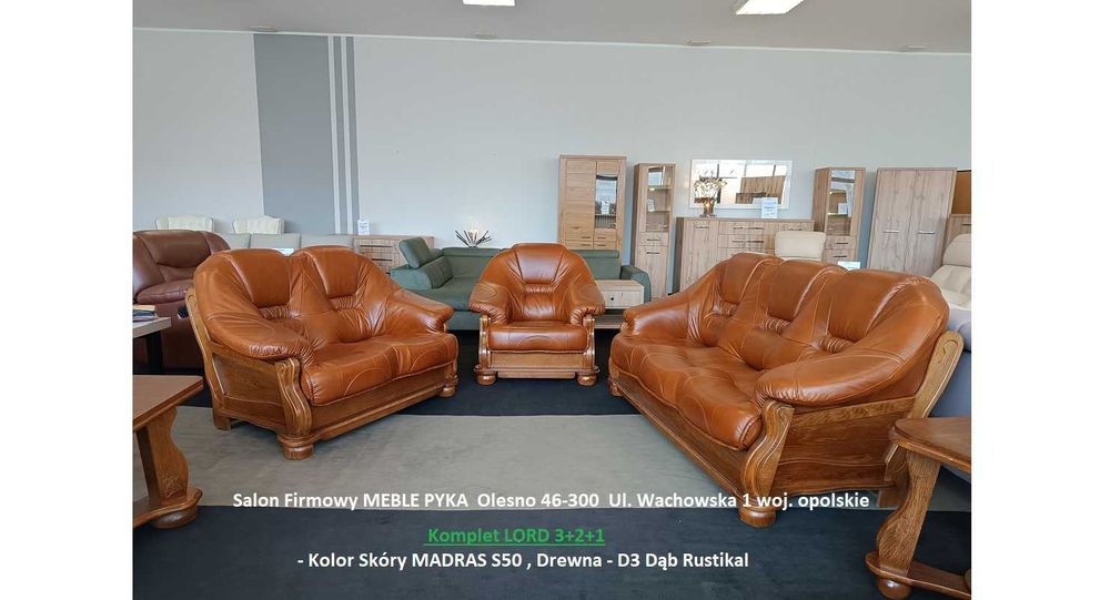 Nowy Komplet 3+2+1 LORD , Skóra Naturalna, Dąb Rustikal = MEBLE PYKA