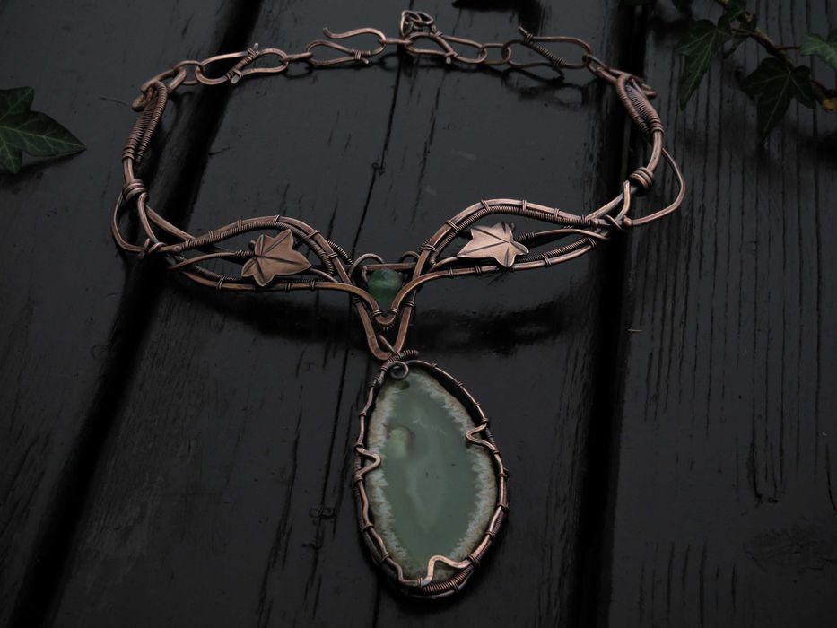 Unikatowa miedziana kolia, zielony agat, bluszcz, rękodzieło