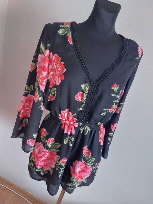 Kombinezon krotka nogawka dlugi rekaw azurek czarny roze m l