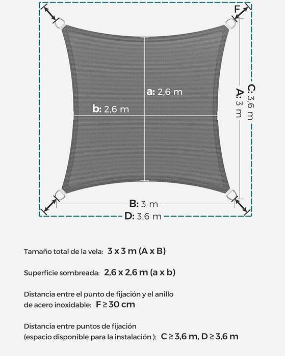 Songmics 3x3m Toldo Transpirável quadrado