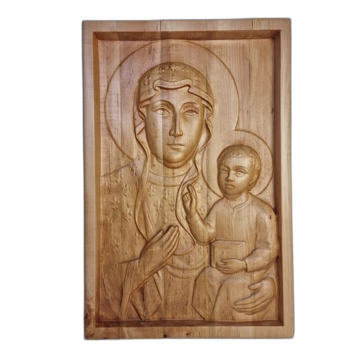 Matka Boska Częstochowska z Dzieciątkiem – lipowa płaskorzeźba 36,5 × 55 cm