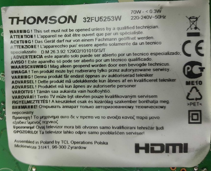 Televisão Thomson 32FU5253W Vendo as peças