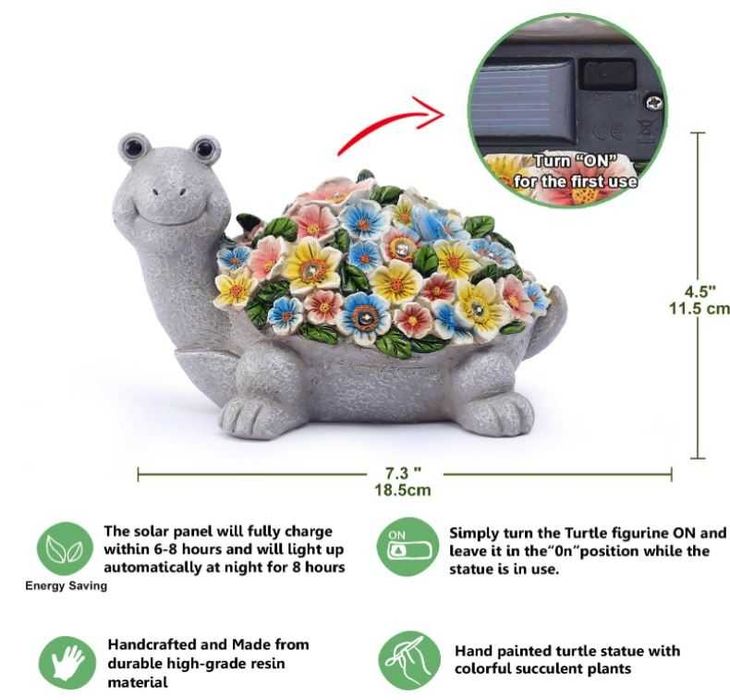 Solarna dekoracja ogrodowa, figurka żółwia z kwiatami
