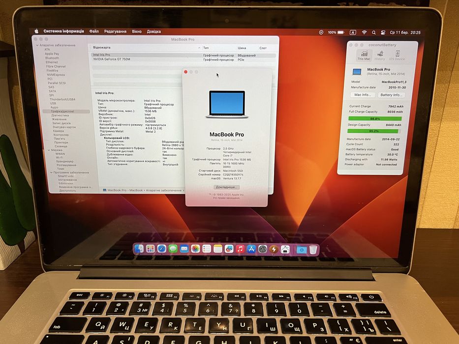 Батарея до 5 годин, MacBook Pro 15 A1398, 16/500Gb