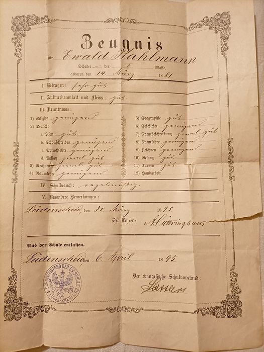 1895r. Stare niemieckie świadectwo szkolne