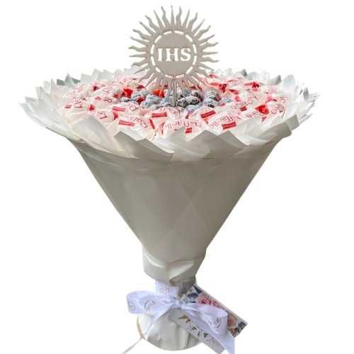 Bukiet ze słodyczy dla dziecka na Komunię. Prezent. Pamiątka Komunia