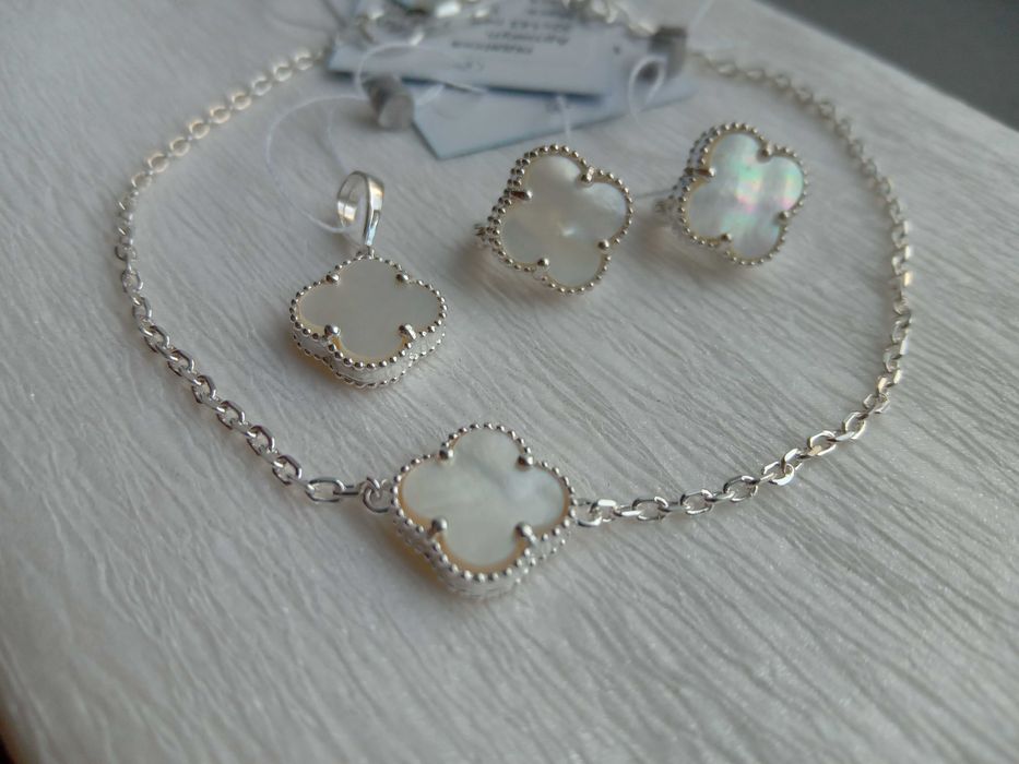 Срібний набір комплект Van Cleef Ван Кліф конюшина білий чорний онікс