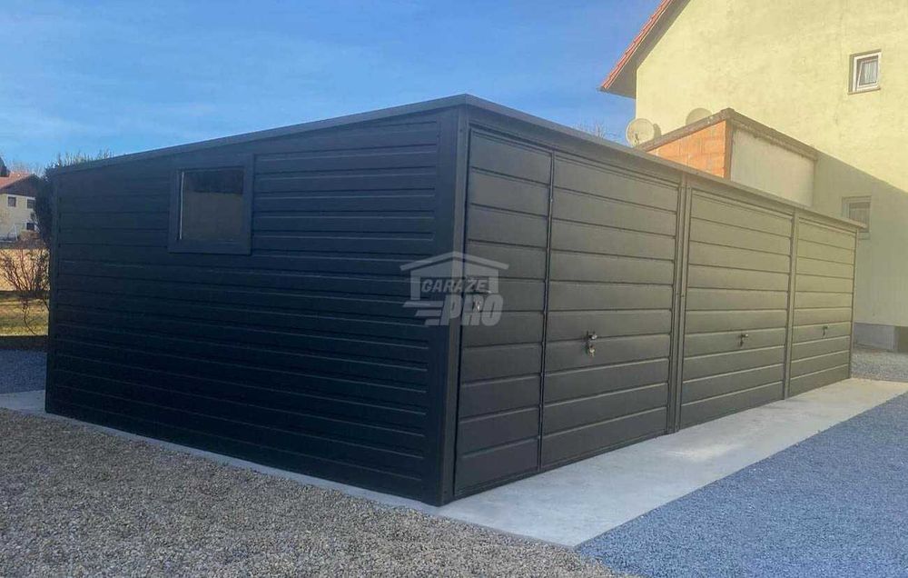 Garaż blaszany 9,5x5,5m 3x brama uchylna drzwi okno dach  GP600