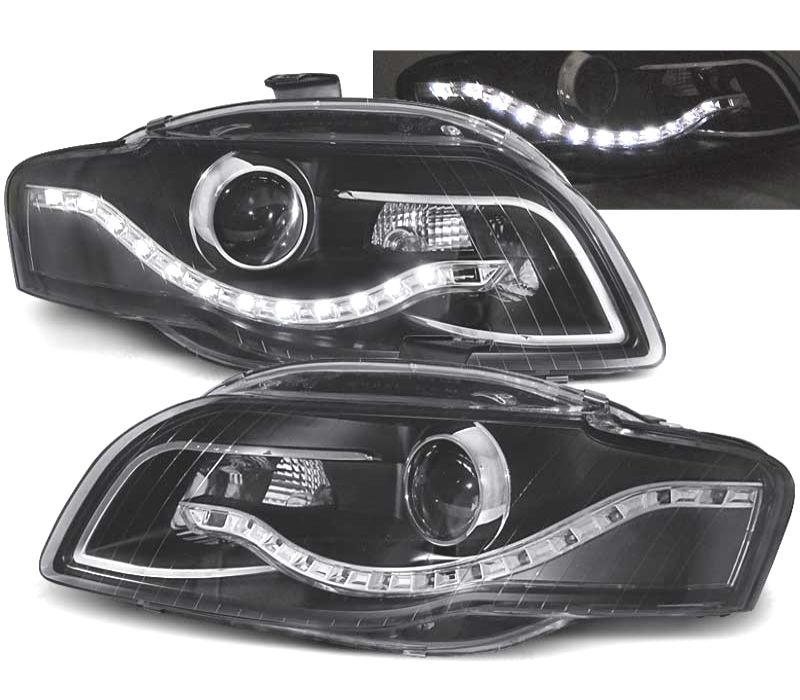 FARÓIS COM LUZ DIURNA LED AUDI A4 B7 04-07 FUNDO PRETO