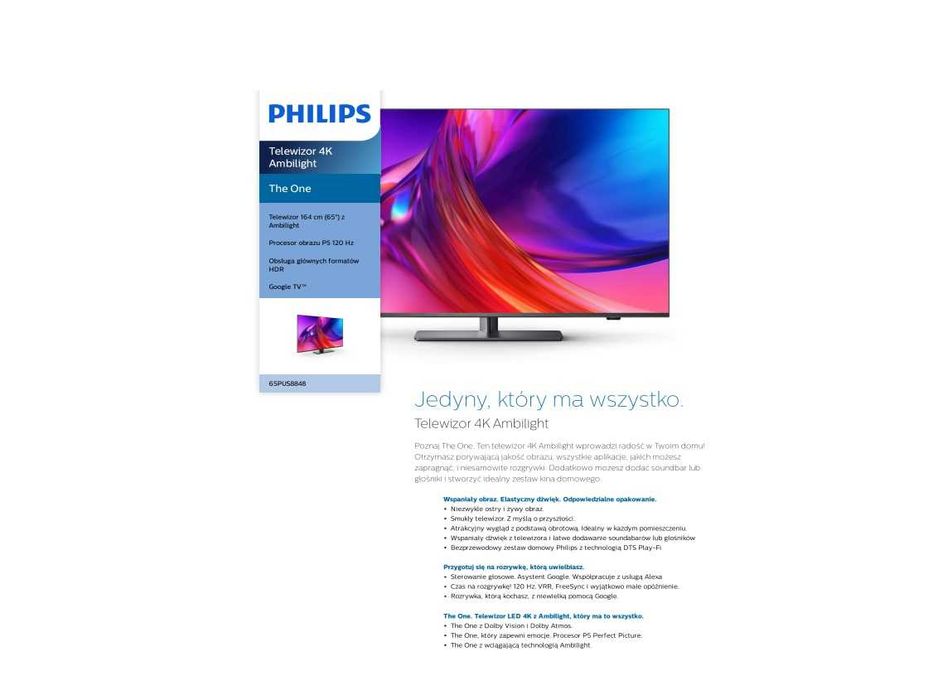 LED Tv Philips 65" SMART-TV dvb-t/2 hevc gwarancja