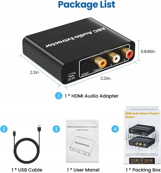 Ekstraktor audio HDMI ARC, konwerter DAC 192kHz z optycznym złączem