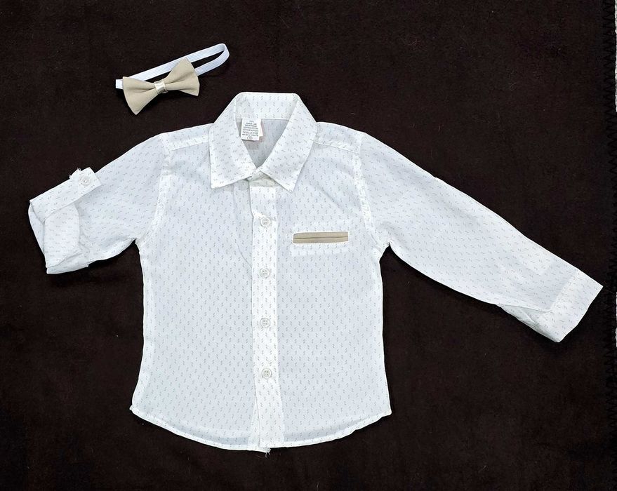 Komplet galowy BEŻ, garnitur, koszula spodnie muszka szelki 3r -92/98