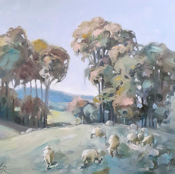 Pejzaż z owcami. Obraz olejny na płótnie. 40 x 40 cm