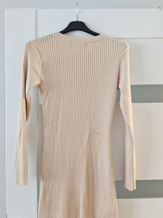 Extra długa sukienka prążek beżowa złote guziki m L XL XXL xxxl