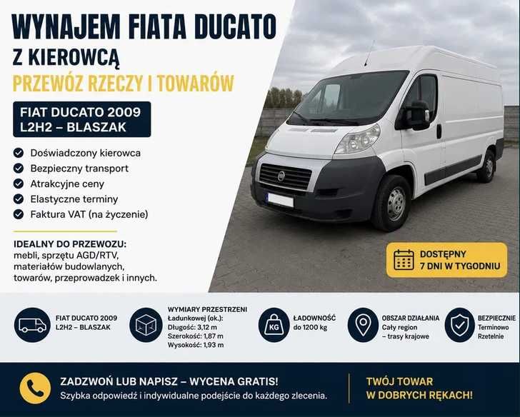 Bus do wynajęcia Blaszak Fiat Ducato L2H2 Przeprowadzki Furgon Wypożyczalnia Transport Mebli Wynajem