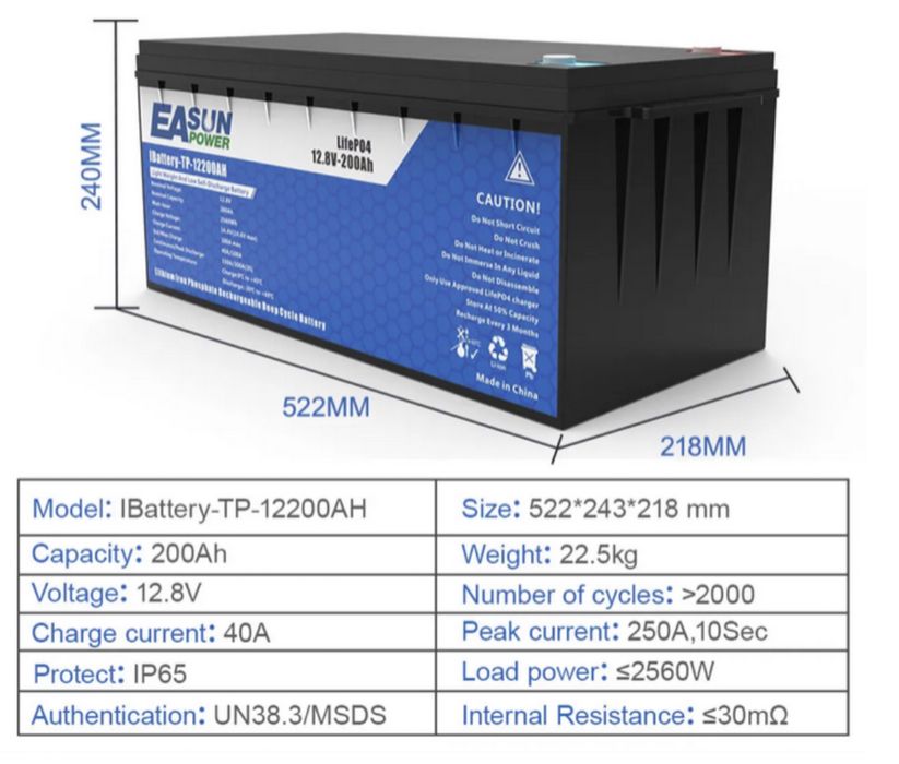 EASUN 12V 200Ah LiFePo4, BMS