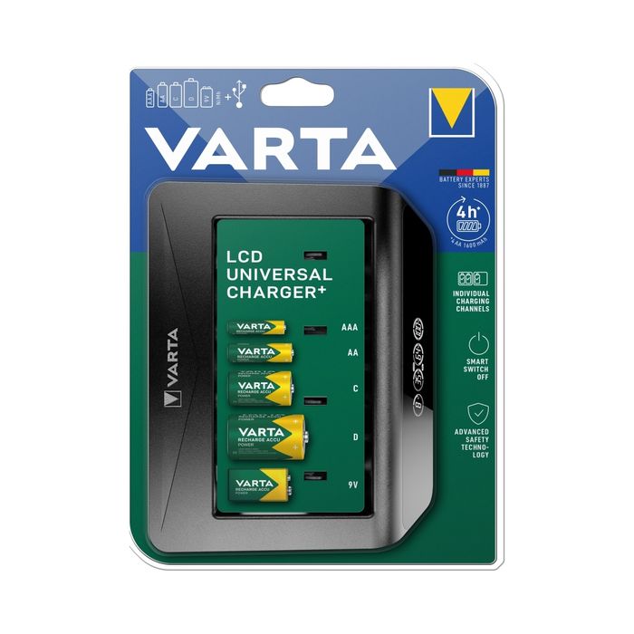outlet ładowarka do baterii varta lcd universal+ 4 9v (6f22) aa aaa c