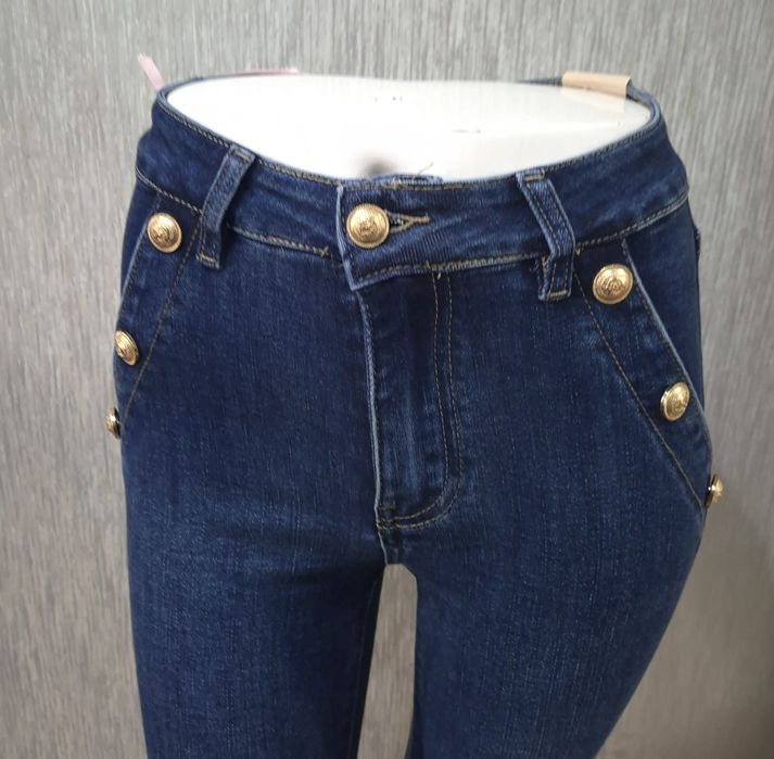 Spodnie rurki granat złote guziki Re dress xs