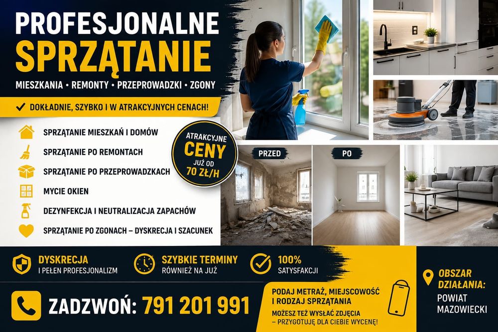 Profesjonalne Sprzątanie /Mieszkania /Remonty/Przeprowadzki/Zgony