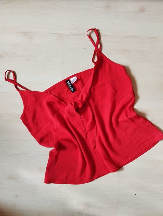 czerwony crop top xxs xs retro vintage wiązany szyfon transp ramiączka