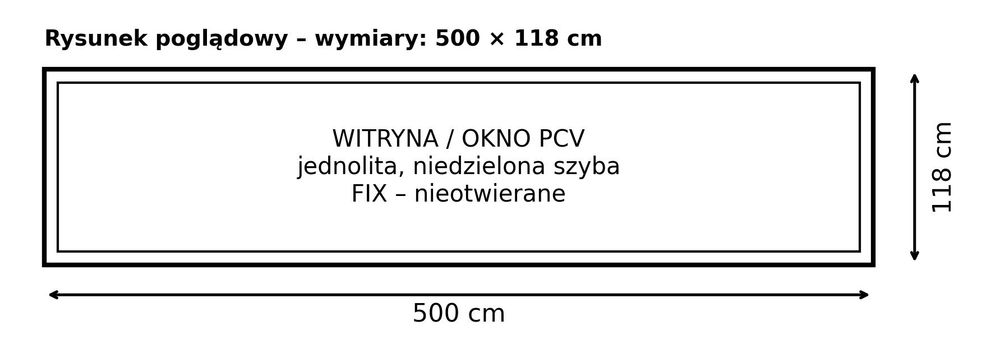 Witryna / okno PCV 5 m  × 1,18 m kolor biały – duża, jednolita (FIX) – sklep / hala