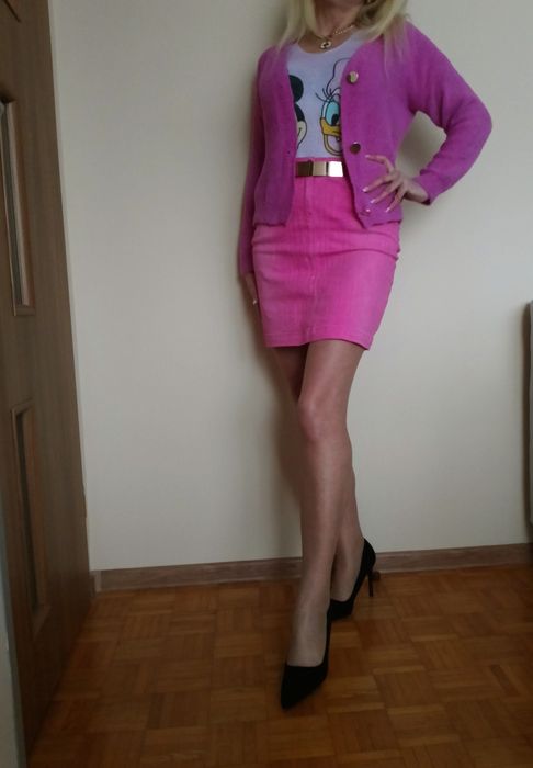 ELEGANCKI zestaw spódnica mini róż jeans+ bluzka+ sweter alpaka S M L