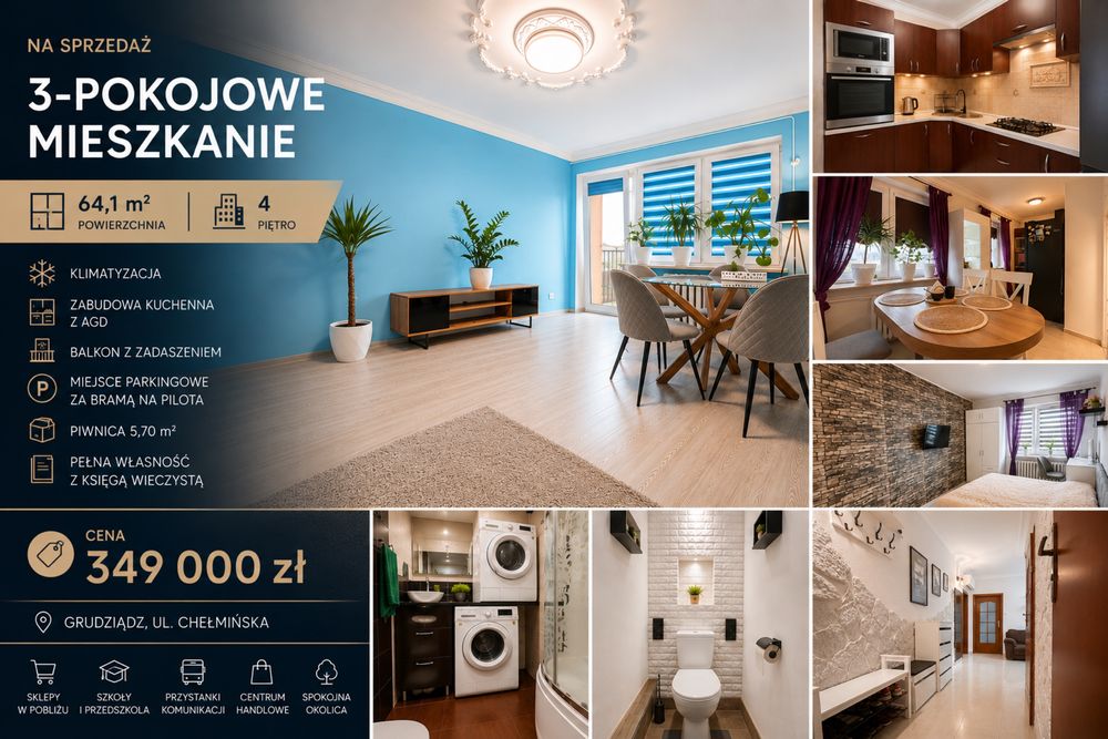 Sprzedam 3-pokojowe mieszkanie 64,1 m² | Klimatyzacja | Balkon | Miejsce parkingowe|Piwnica |