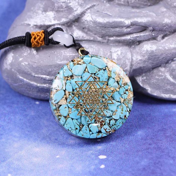 Naszyjnik Błękit Turkus Złota Folia Orgonit Naturalna Żywica Spokój