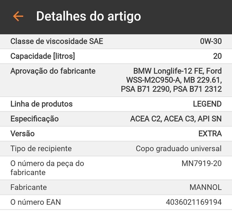 Óleo motor MANNOL 7919 Legend Extra 0W-30 20L