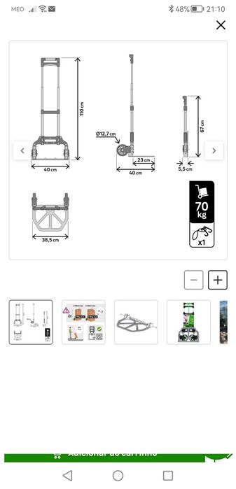 Carro de transporte dobrável alumínio 70 kg