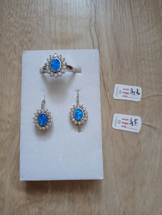 Komplet biżuterii z opalem, kolczyki i pierścionek, srebrna biżuteria