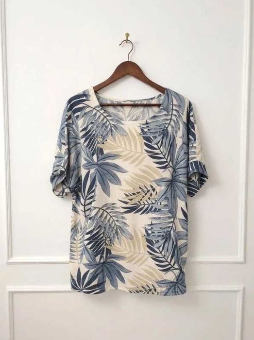Bluzka z krótkim rękawem koszulka tropical print casual wakacyjna wygodna 50% len XXL 44