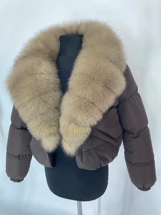 Жіночий короткий шоколадний пуховик з натуральним хутром песця 42-54 р