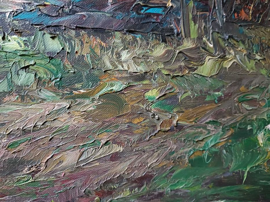 Obraz olejny na płótnie, pejzaż z łodzią