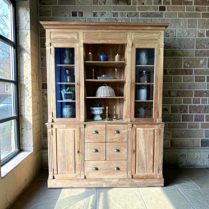 Kredens drewniany otwarty kawowy witryna rustykalna jasna vintage country