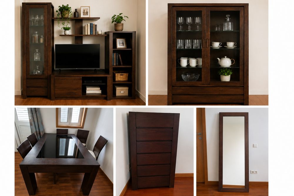 Vitrine + móvel de sala+ mesa de sala + 8 cadeiras + espelho + camiseiro