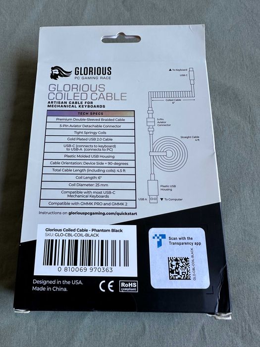 Cabo Coiled Glorious USB para teclado mecânico preto novo e selado