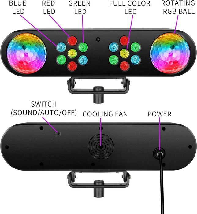 2-Efekty Belka Bar LED Par 14x1W + Disco Kula 6x3W na statywie + pilot