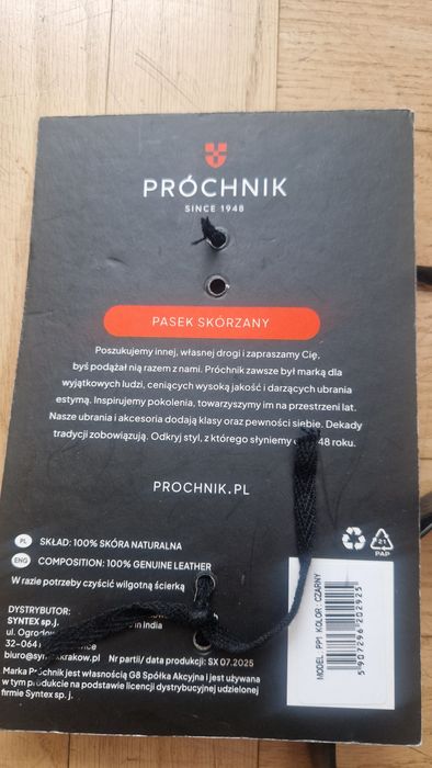 Nowy,  czarny  pasek skórzany Próchnik 100 cm