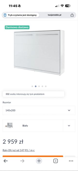 łóżko chowane w szafie 140x200 + materac – prawie nowe