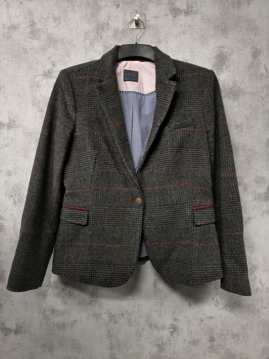 Wełniana marynarka ZARA szara w kratę z wełną vintage taliowana