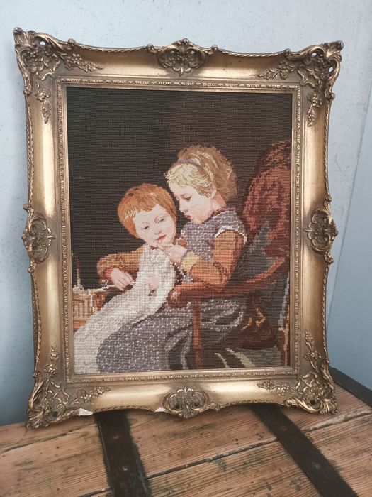 Obraz haftowany, wg. obrazu A. Ankera , stara rama, gobelin