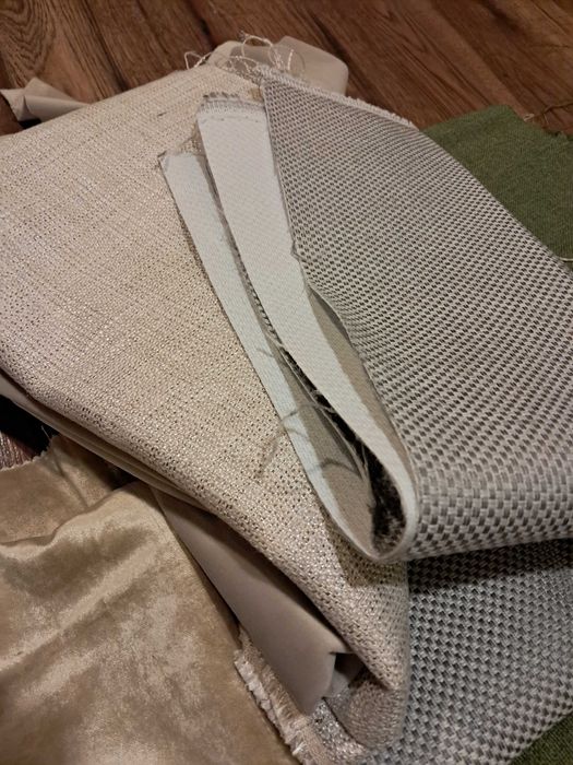 Materiały tapicerskie, końcówki materiałów, duże kawałki, ponad 9 kg