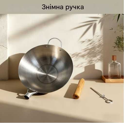 Сковорода wok професійна 34 см з нержавіючої сталі з двома ручками.