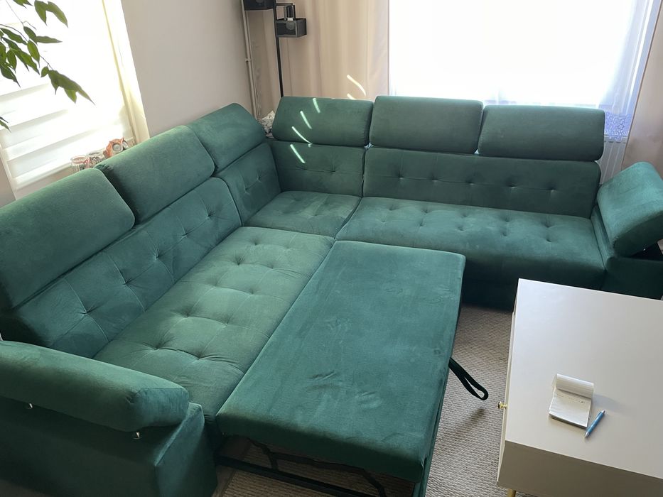 Narożnik duży Aslan, butelkowa zieleń, f. spania, ruchome zagłówki :)